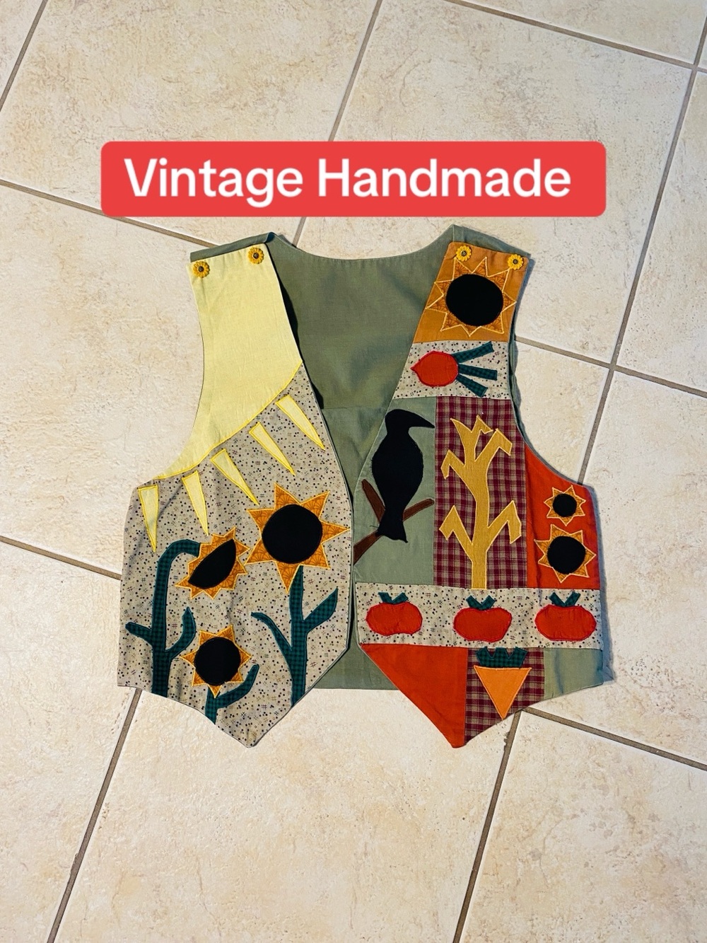 Vintage Crow Sunflower Sun Moon Patchwork Vest with Appliqués